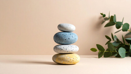 Zen Stone Stack: A serene composition of carefully balanced stones stacked atop each other, embodying the principles of balance, harmony, and tranquility, alongside delicate sprigs.
