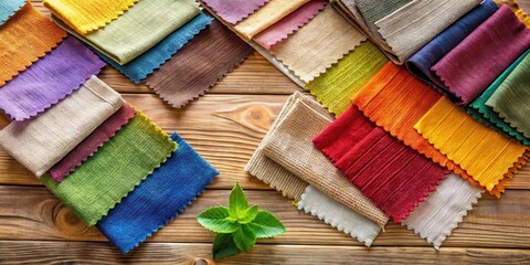 Colorful fabric swatches with natural dyeing on wood table