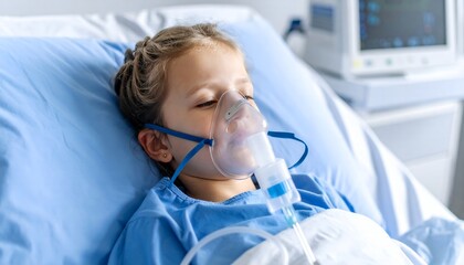 Sick child in hospital bed with oxygen mask.