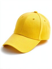 Fototapeta premium A bright yellow baseball cap with a textured fabric surface isolated on white background