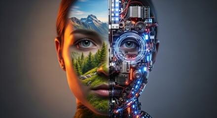 Woman's Face Merged with Nature and Technology