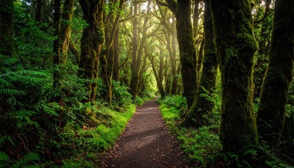 Fototapeta premium Lush forest path, sunlight filtering through trees