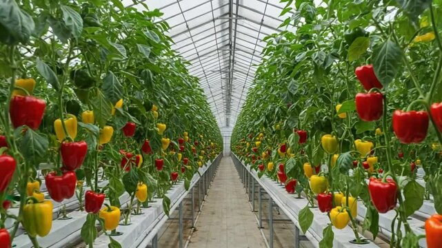 Rows of red and yellow peppers in a greenhouse