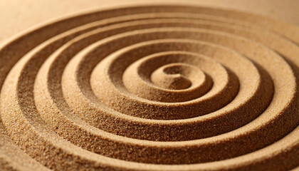 Naklejka premium Serene Sand Garden Spiral: An artful zen garden design, featuring a swirling spiral meticulously raked into fine, golden sand, evoking a sense of peace, balance, and spiritual reflection.