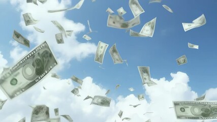 Aerial view of dollar bills floating against a blue sky with clouds, creating a dynamic and surreal video concept of money in motion. Live desktop wallpaper. - Powered by Adobe
