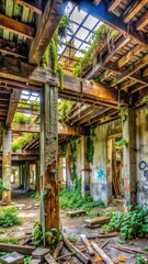 Fototapeta premium Weathered wooden beams sprawl inside a crumbling building