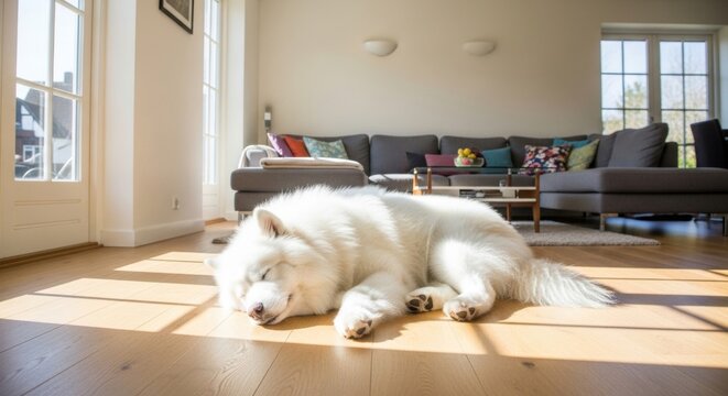 Fluffy White Dog Napping in Sunlit Living Room