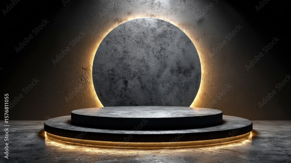 Poster dark abstract stage: a moody backdrop to showcase your subject. a metallic gray circular stage with 