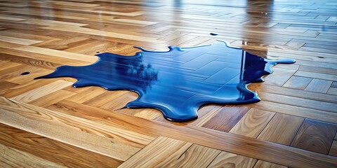 Water spill on parquet wood floor with dark blue liquid spreading slowly across the light-colored flooring
