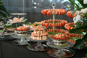  buffet, seafood buffet, elegant buffet, haute cuisine, event buffet, table food, Japanese food, seafood buffet table, buffet table in the party room