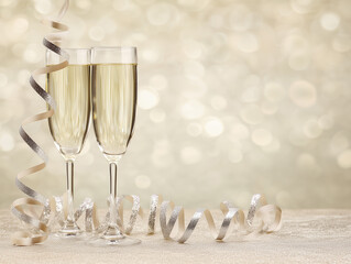 Celebration with two glasses of sparkling drink and decorative ribbon on a festive backdrop