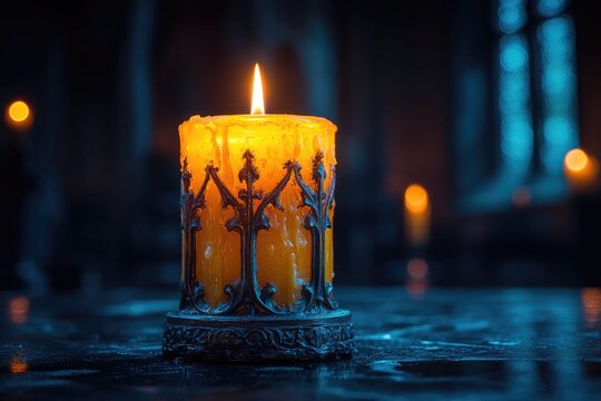 A burning candle on a dark table, with a gothic metal holder. Use for holidays, events or when creating a relaxing atmosphere.