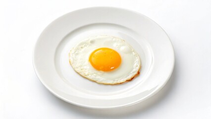 Single fried egg on white plate; minimalist breakfast food photography; bright, clean, and appetizing.