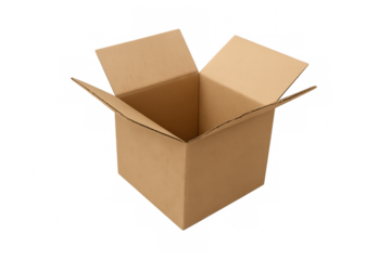 Empty, open cardboard box isolated on a transparent background, perfect for shipping, storage, or showcasing products in ecommerce