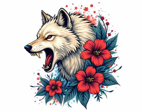 vector illustration or tibal tattoo of a wolf head with an angry expression with blooming red flower ornaments.