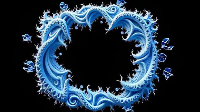 Explore a unique Fractal Border Frame expanding in recursive loops, encased in icy blue and frosty white hues, that shift and morph gracefully while chilly crystal-like shards dance around,
