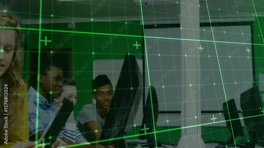 Poster students entering computer lab using monitors switching to tablet pointing at content for education