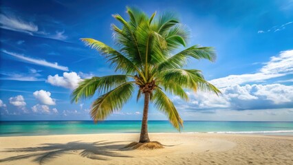 Tall palm tree stands majestically on sandy beach with bunches of coconuts at its base