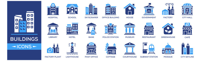 Buildings icon set. Containing design Hospital, School, Skyscraper, Office Building, House. Solid icon collection.