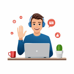 A high-quality 3D cartoon illustration showing High-detail vector of a young man sitting at a desk waving to a laptop screen during a video.svg, designed to represent creativity, fun, and visual story