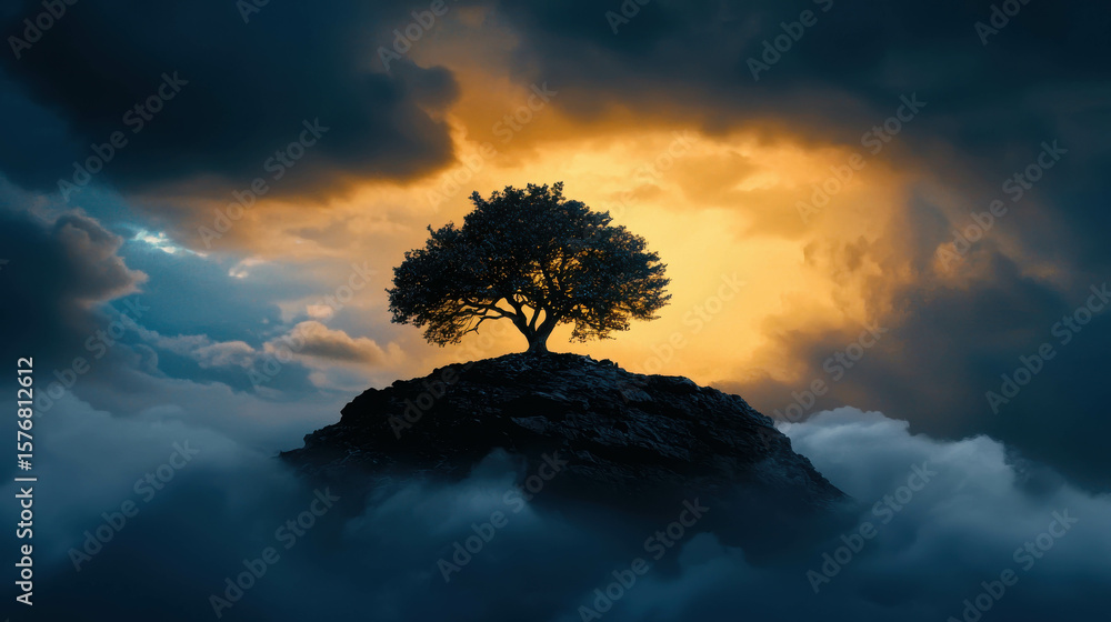 Poster serene tree silhouette against a dramatic sky with clouds and sunset in the background creating a pe