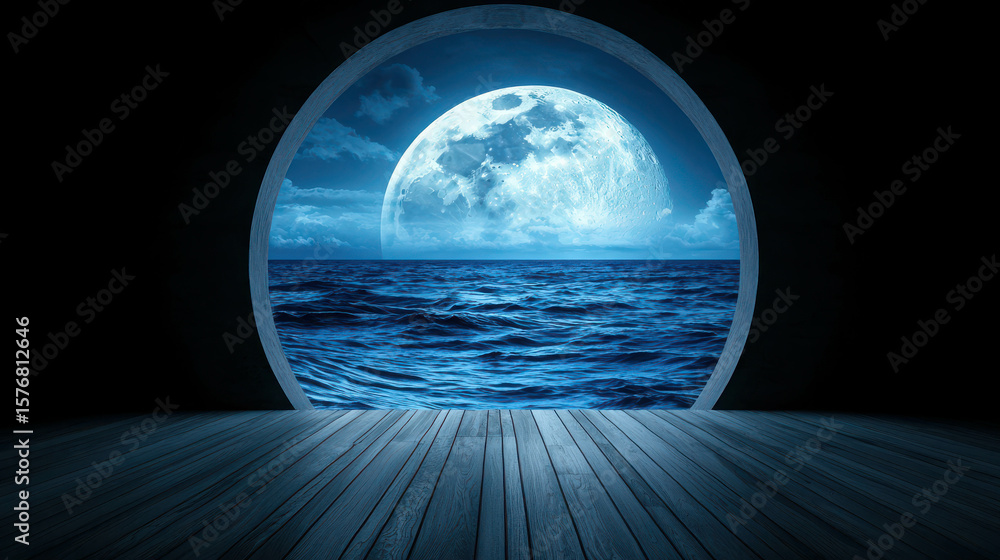 Poster enchanting view of a full moon over serene ocean waves through a round window frame in dimly lit roo