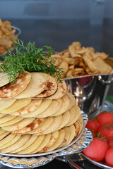 American sweet pancake, sweet pancake, pancake, mini pancake, bowl with pancakes, buffet, fried dough, haute cuisine	