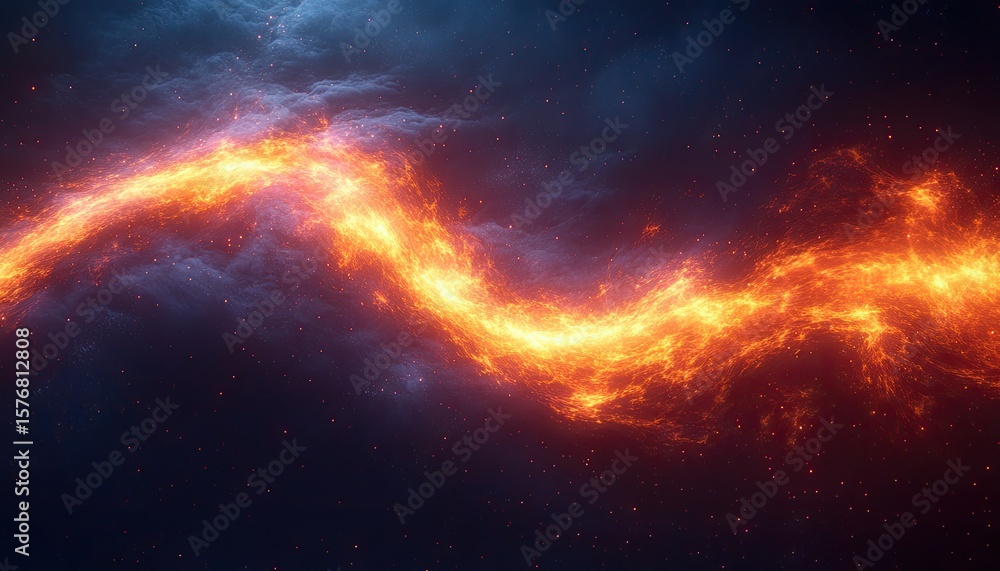 Poster dramatic nebula features a fiery river, flowing through a deep space setting. use it to illustrate c