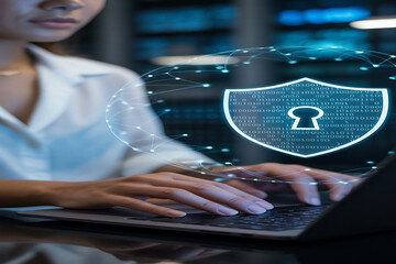 Professional woman typing on laptop with digital security shield