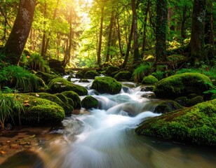 Obraz premium Lush forest stream. Sunlight streams through trees