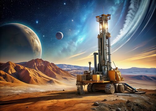 futuristic drilling rig with massive machinery excavating mineral-rich surface on distant planet's cratered terrain