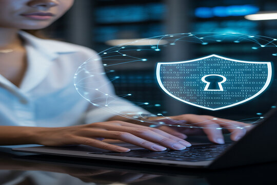 Professional woman typing on laptop with digital security shield - Powered by Adobe