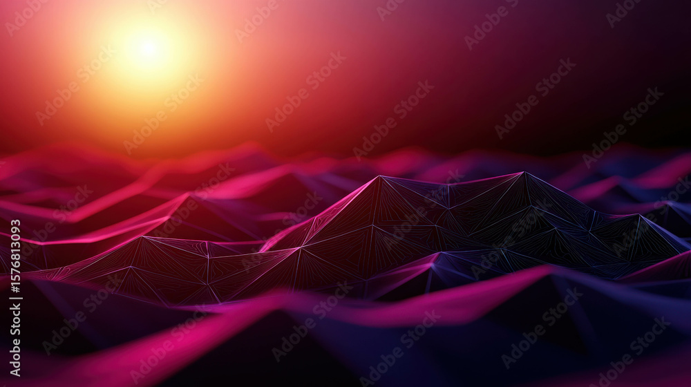 Poster abstract landscape with glowing hues and triangular mesh design, representing futuristic concepts in