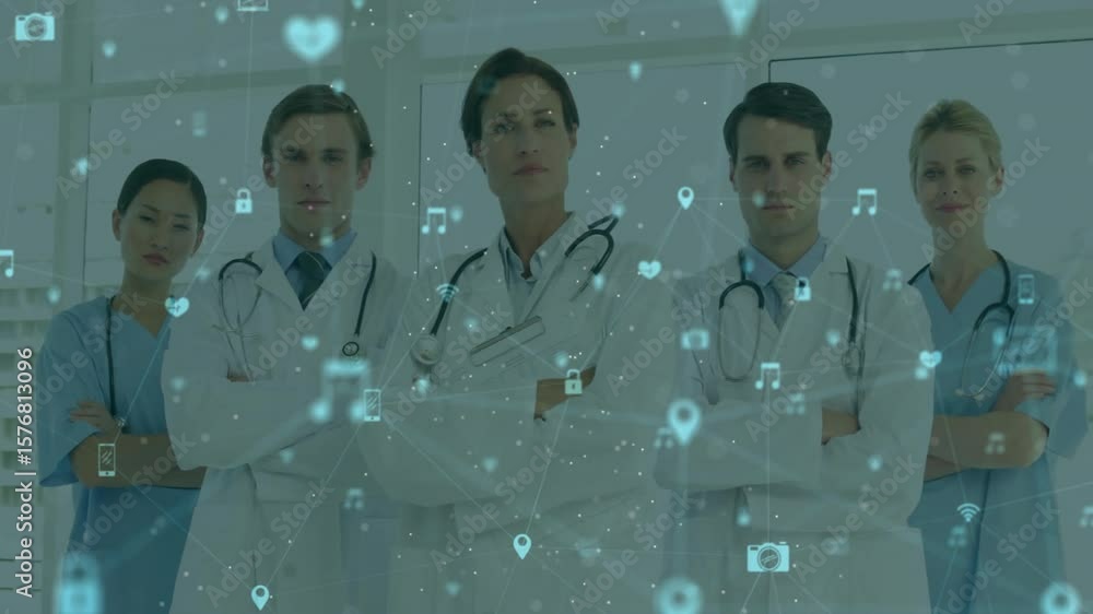 Poster lead doctor glancing at colleague and smiling as medical icons floating connecting showing unity