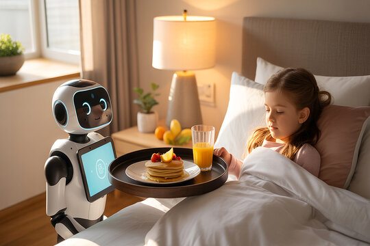 Robot serving breakfast to a young girl in bed service robot - Powered by Adobe