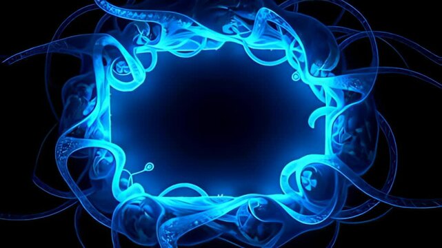 Emerging from the depths of darkness, a Fractal Border Frame expanding in recursive loops gracefully evolves, cloaked in shimmering halos of vibrant cerulean light that ripple as if alive,