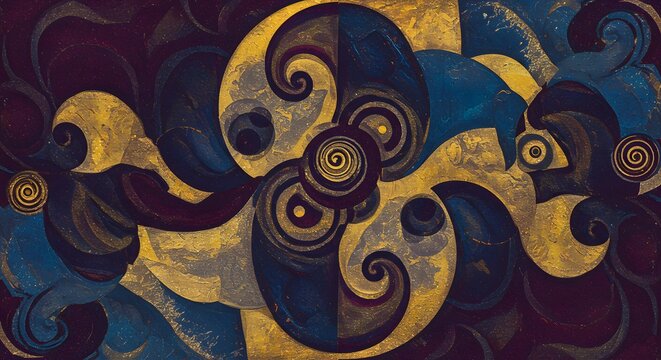 Abstract art featuring golden spirals and deep blue fluid shapes creates a mesmerizing composition that suggests motion and cosmic energy patterns.
