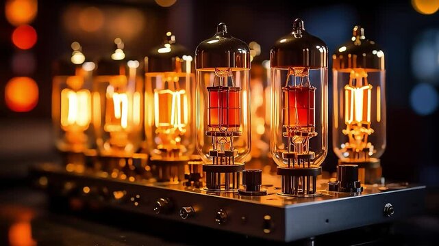 Golden glow emanates from vacuum tubes of amplifier equipment in soft focus, showcasing vintage technology