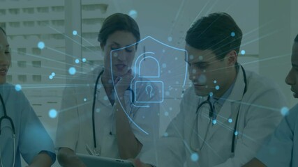 Healthcare team tapping tablet triggers digital dots turning into shield protecting patient data - Powered by Adobe