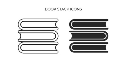 A simple icon featuring three horizontally stacked books, presented in both outline and solid black versions, signifying education or knowledge.