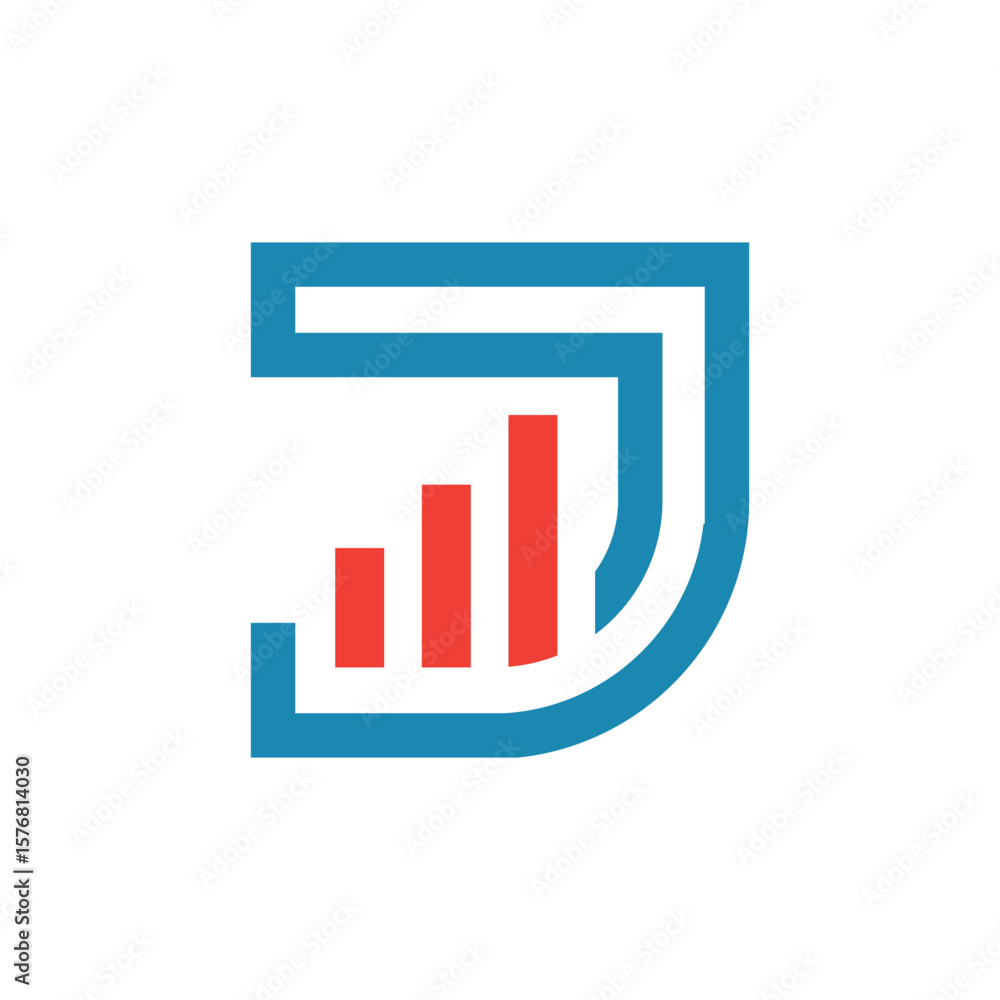 Fototapete this image depicts a flat logo design of an initial letter j in blue color with an orange graph bar 