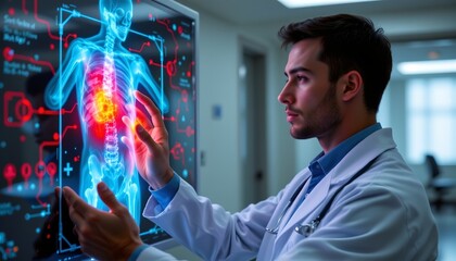 (dynamic, action oriented): a doctor reviewing a holographic x ray scan, ai projections highlighting a fractured bone with red overlays, futuristic hospital room
