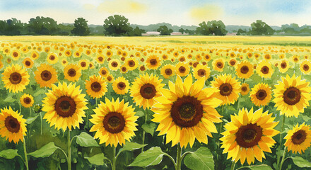 Fototapeta premium Watercolor field of sunflowers under a soft summer sky with warm yellow tones