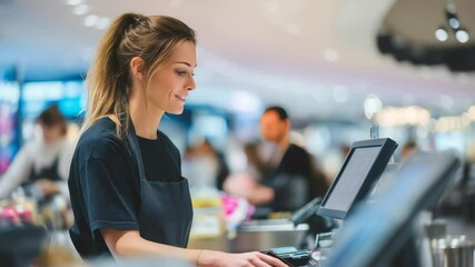 Cashier assists customers with transactions in a busy retail environment