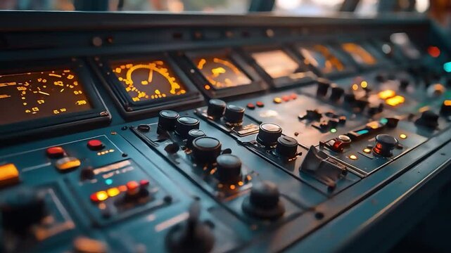 A ship bridge control panel with navigation equipment displays a complex array of data and gauges.