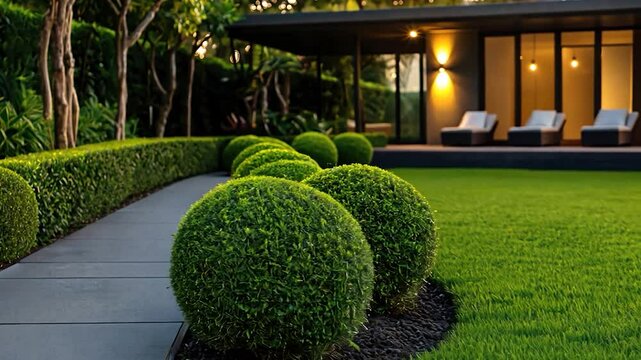 Lush garden with topiary balls and artificial grass