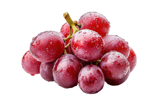 A vibrant cluster of red grapes, glistening with water droplets, is isolated on transparent background, showcasing their freshness and sweetness