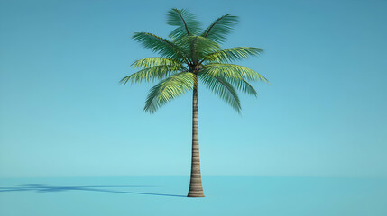Obraz premium Palm tree on blue backdrop, featuring its slender trunk and vibrant green leaves, creating a serene tropical vibe suitable for summer themes, vacation visuals, or any project seeking to evoke