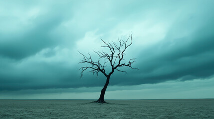 Solitary Dead Tree Against Dramatic Cloudy Sky in a Desolate Landscape Representing Loneliness and Isolation in Nature's Harsh Environment