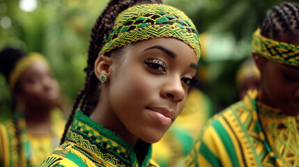 Confident Young Jamaican Woman in Traditional Cultural Attire During Jamaica Day Festival Parade